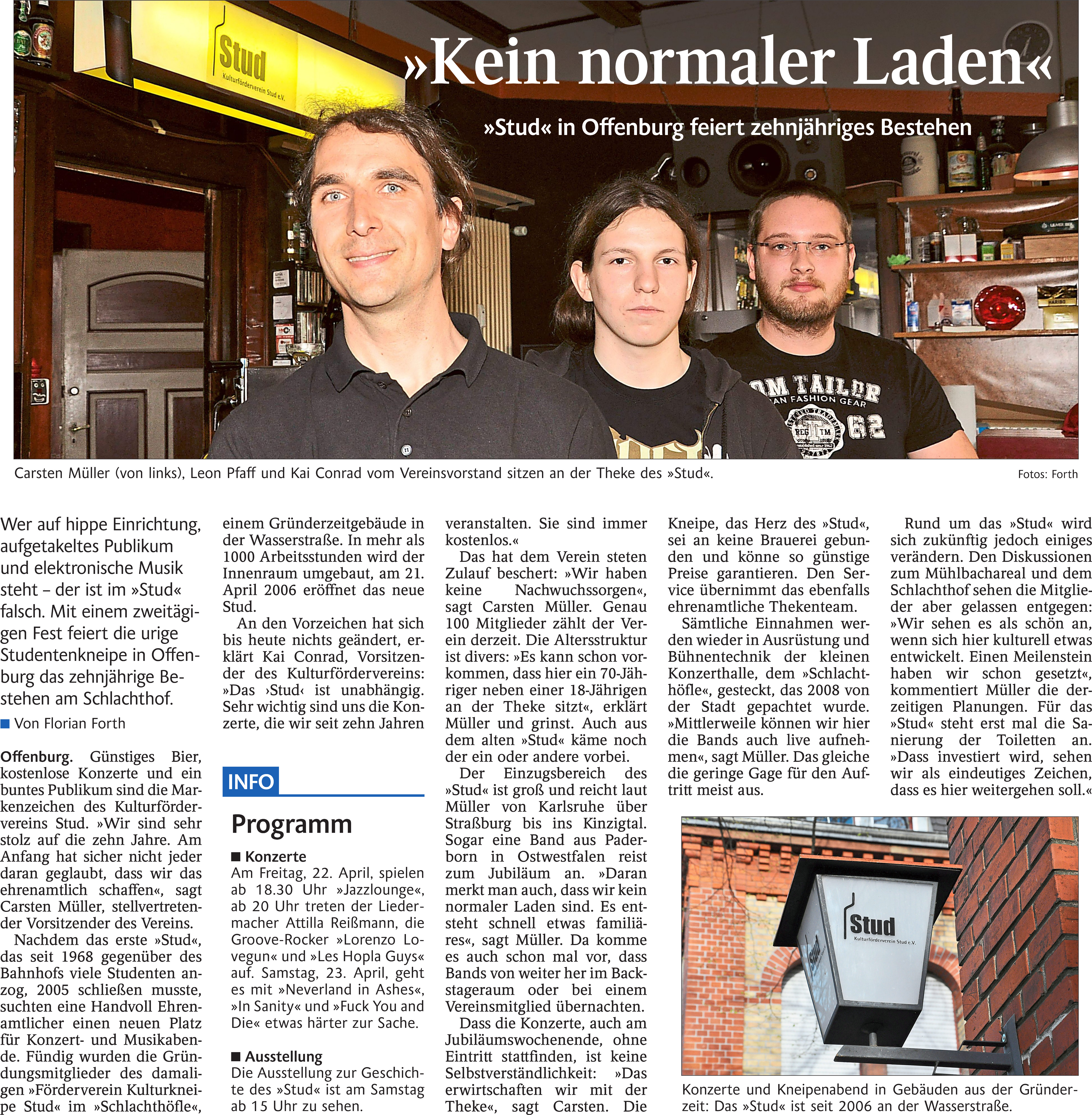 Scan des Artikels »Kein normaler Laden - »Stud« in Offenburg feiert zehnjähriges Bestehen«